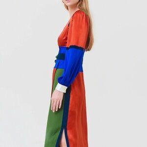 Tory Burch Colorblock Silk Wrap Long Sleeve Dress. Tarpunto stitching.